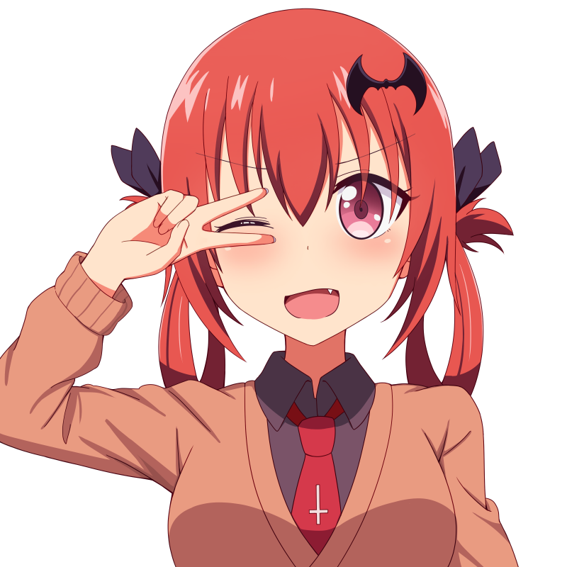 1girl ;d bat_hair_ornament black_shirt blush bow bowtie cardigan cross_of_saint_peter eyebrows_visible_through_hair fang gabriel_dropout hair_ornament hair_ribbon hair_rings hand_on_own_face kurumizawa_satanichia_mcdowell nyaroon one_eye_closed open_mouth redhead ribbon shirt smile solo upper_body v violet_eyes white_background