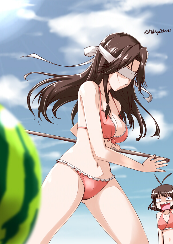 2girls antenna_hair bikini blindfold blurry brown_eyes clouds cowboy_shot depth_of_field food frilled_bikini frills front-tie_top fruit hair_intakes jintsuu_(kantai_collection) kantai_collection long_hair mikage_takashi multiple_girls naka_(kantai_collection) orange_bikini outdoors pose sky solo_focus stick suikawari surprised swimsuit twitter_username watermelon