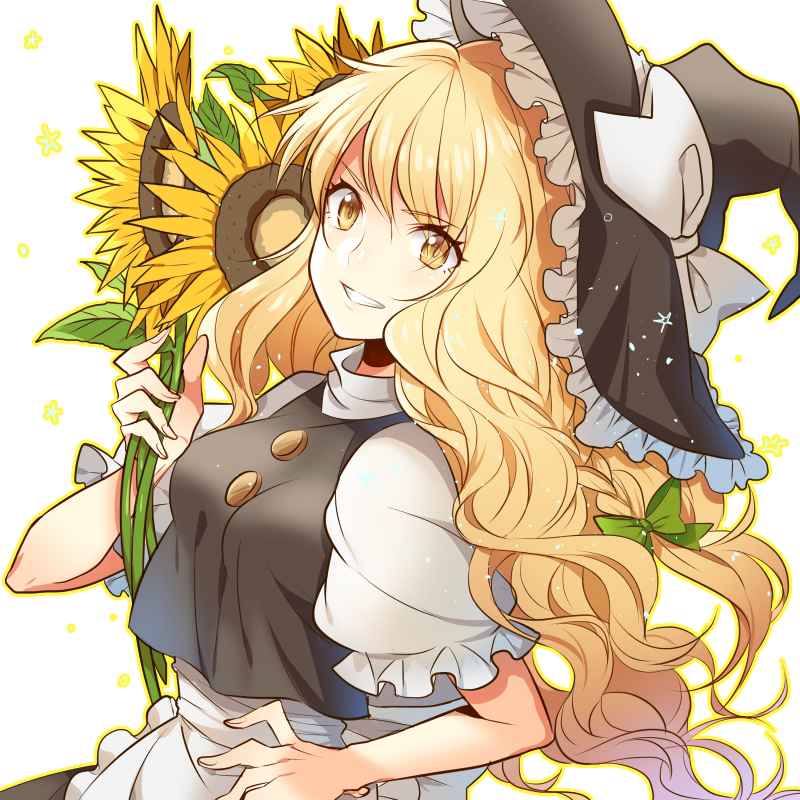 apron bangs black_hat blonde_hair bow braid flower green_bow grin hair_bow harano_(aptamer) hat hat_bow holding holding_flower kirisame_marisa long_hair looking_at_viewer puffy_short_sleeves puffy_sleeves short_sleeves single_braid smile sunflower touhou upper_body very_long_hair vest waist_apron wavy_hair white_bow witch_hat yellow_eyes