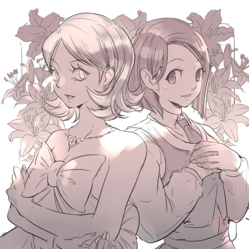 2girls bare_shoulders crossed_arms dress flipped_hair flower fuugetsu_hui_guo_rou hands_on_own_chest hunter_x_hunter jewelry kachou_hui_guo_rou monochrome multiple_girls necklace necktie nikism siblings sisters vest