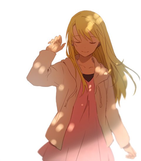 1girl blonde_hair closed_eyes earrings eyebrows_visible_through_hair fullmetal_alchemist happy jacket jewelry long_hair outstretched_hand pink_shirt riru shirt simple_background smile solo_focus sunlight white_background wind wind_lift winry_rockbell