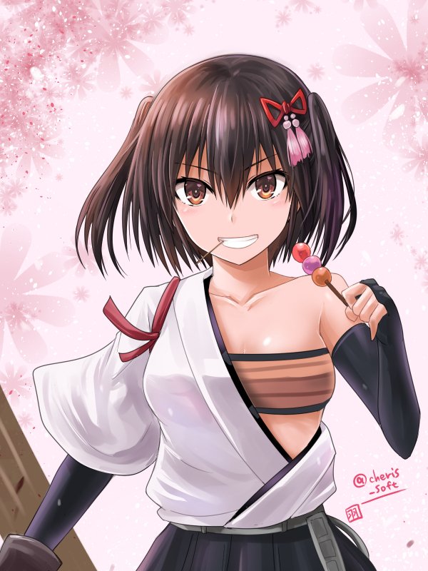 1girl alternate_costume breasts brown_eyes brown_hair cosplay elbow_gloves gloves grin hair_ornament haura_akitoshi japanese_clothes kantai_collection looking_at_viewer medium_breasts partly_fingerless_gloves sendai_(kantai_collection) short_hair shouhou_(kantai_collection) shouhou_(kantai_collection)_(cosplay) skirt smile solo twintails twitter_username two_side_up