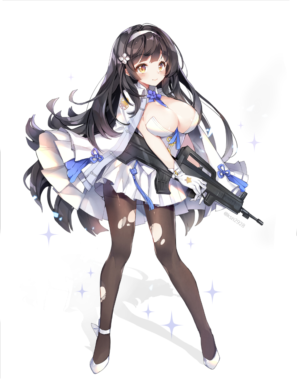 1girl ankle_ribbon assault_rifle bangs between_breasts black_hair black_legwear blush breasts bullpup cleavage closed_mouth eyebrows_visible_through_hair full_body girls_frontline gloves gun hair_ornament hairband highres holding holding_gun holding_weapon jacket_on_shoulders large_breasts long_hair looking_at_viewer pantyhose pingo pleated_skirt qbz-95 qbz-95_(girls_frontline) ribbon rifle shadow simple_background skirt smile solo sparkle standing torn_clothes torn_pantyhose twitter_username weapon white_background white_gloves white_ribbon white_skirt yellow_eyes