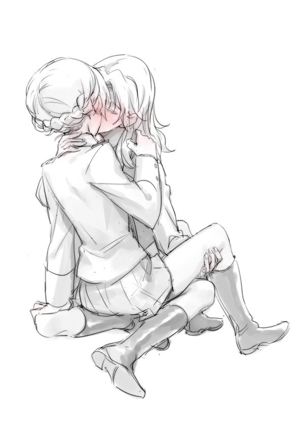 2girls arm_support blush boots closed_eyes darjeeling girls_und_panzer greyscale hand_on_another's_neck hand_on_another's_shoulder kay_(girls_und_panzer) kiss monochrome multiple_girls sitting sitting_on_lap sitting_on_person sketch soramame_(corndog) spot_color white_background yuri