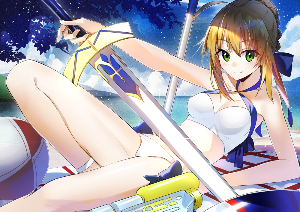 1girl ahoge artoria_pendragon_(swimsuit_archer)_(fate) ball beachball blanket blonde_hair blue_bow blue_ribbon blush bow breasts cleavage closed_mouth eyebrows_visible_through_hair fate/grand_order fate/stay_night fate_(series) fuotchan green_eyes hair_bow holding holding_sword holding_weapon looking_at_viewer lying medium_breasts on_back ribbon saber smile solo swimsuit sword umbrella water_gun weapon