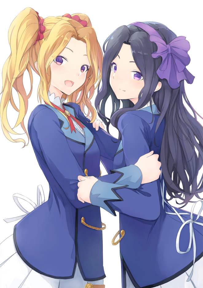 2girls :d aikatsu! black_hair blonde_hair blue_jacket closed_mouth daichi_nono double-breasted hair_ornament hair_ribbon hair_scrunchie hairband hand_on_another's_arm jacket long_hair long_sleeves looking_at_viewer looking_to_the_side multiple_girls neck_ribbon open_mouth pleated_skirt purple_hairband purple_ribbon red_ribbon red_scrunchie ribbon ryuga_(balius) scrunchie shirakaba_risa sidelocks simple_background skirt smile star twintails uniform violet_eyes white_background white_skirt