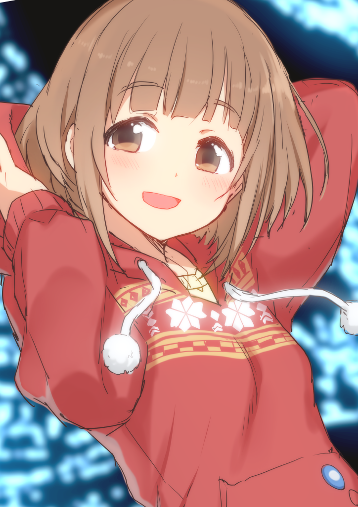 10s 1girl arm_up bangs blush brown_hair commentary_request eyebrows_visible_through_hair hand_up hiraga_matsuri hood hoodie idolmaster idolmaster_cinderella_girls kitami_yuzu looking_at_viewer night open_mouth outdoors pom_pom_(clothes) sidelocks smile solo tareme upper_body