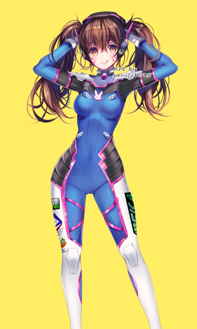 1girl ;q alternate_hairstyle animal_print artist_name bangs blue_bodysuit bodysuit boots bracer breasts breasts_apart brown_eyes brown_hair bunny_print closed_mouth covered_navel cowboy_shot d.va_(overwatch) emblem eyebrows_visible_through_hair facepaint facial_mark gloves gluteal_fold hair_between_eyes hands_in_hair hands_up headphones holding holding_hair knee_pads legs_apart logo long_hair looking_at_viewer medium_breasts one_eye_closed overwatch pauldrons pilot_suit pose ribbed_bodysuit sasucchi95 shoulder_pads simple_background skin_tight smile solo standing thigh-highs thigh_boots thigh_strap tongue tongue_out turtleneck twintails whisker_markings white_boots white_gloves yellow_background