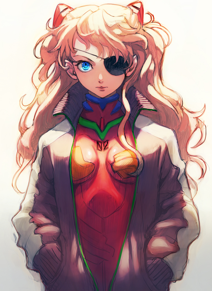 1girl blue_eyes boyaking evangelion:_3.0_you_can_(not)_redo eyepatch hands_in_pockets jacket long_hair looking_at_viewer neon_genesis_evangelion open_clothes open_jacket orange_hair plugsuit rebuild_of_evangelion solo souryuu_asuka_langley