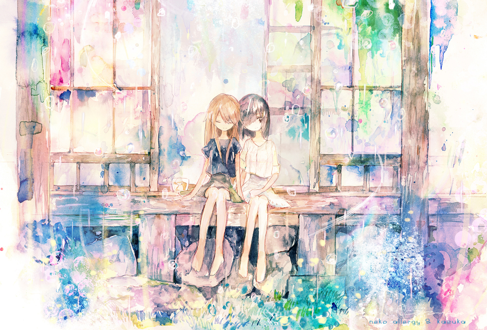 2girls artist_name bangs black_hair blue_shirt brown_hair closed_eyes closed_mouth colorful commentary_request grass kazuka long_hair looking_away loose_shirt multiple_girls original outdoors porch rock shirt shouji sitting skirt sliding_doors smile veranda white_shirt