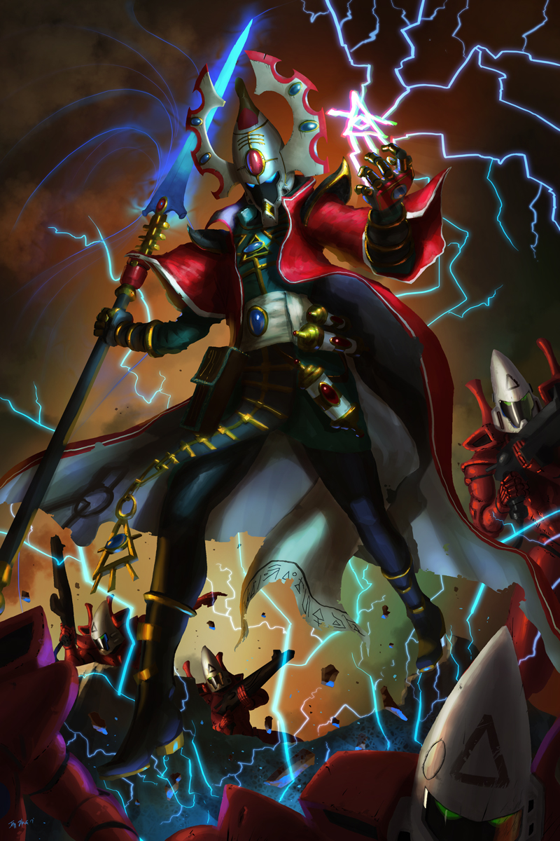 eldar farseer highres holding holding_weapon jeff_zhang lightning magic polearm solo_focus spear warhammer_40k weapon