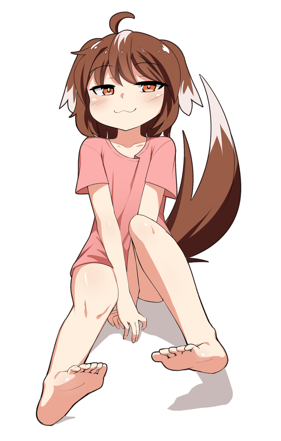 1girl :3 ahoge animal_ears bare_legs barefoot between_legs brown_eyes brown_hair collarbone commentary dog_ears dog_tail eyebrows_visible_through_hair feet floppy_ears hand_between_legs highres kaafi looking_at_viewer no_pants original pink_shirt shirt short_hair simple_background smug solo t-shirt tail toes white_background