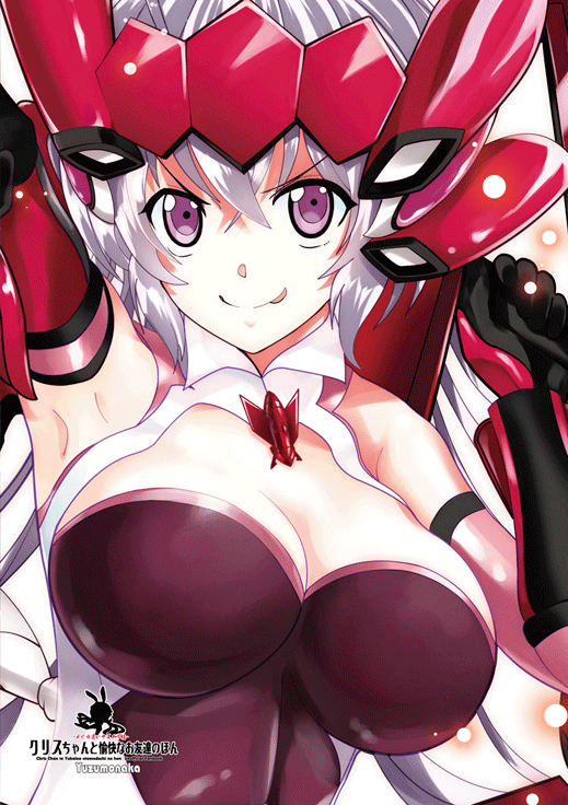 1girl :p arm_up bare_shoulders breasts cleavage clenched_hand elbow_gloves female gloves hair_between_eyes hand_up headgear headpiece headset highres hinahime large_breasts light_particles long_hair looking_at_viewer low_twintails naughty_face senki_zesshou_symphogear silver_hair sleeveless smile solo tongue tongue_out upper_body violet_eyes yukine_chris