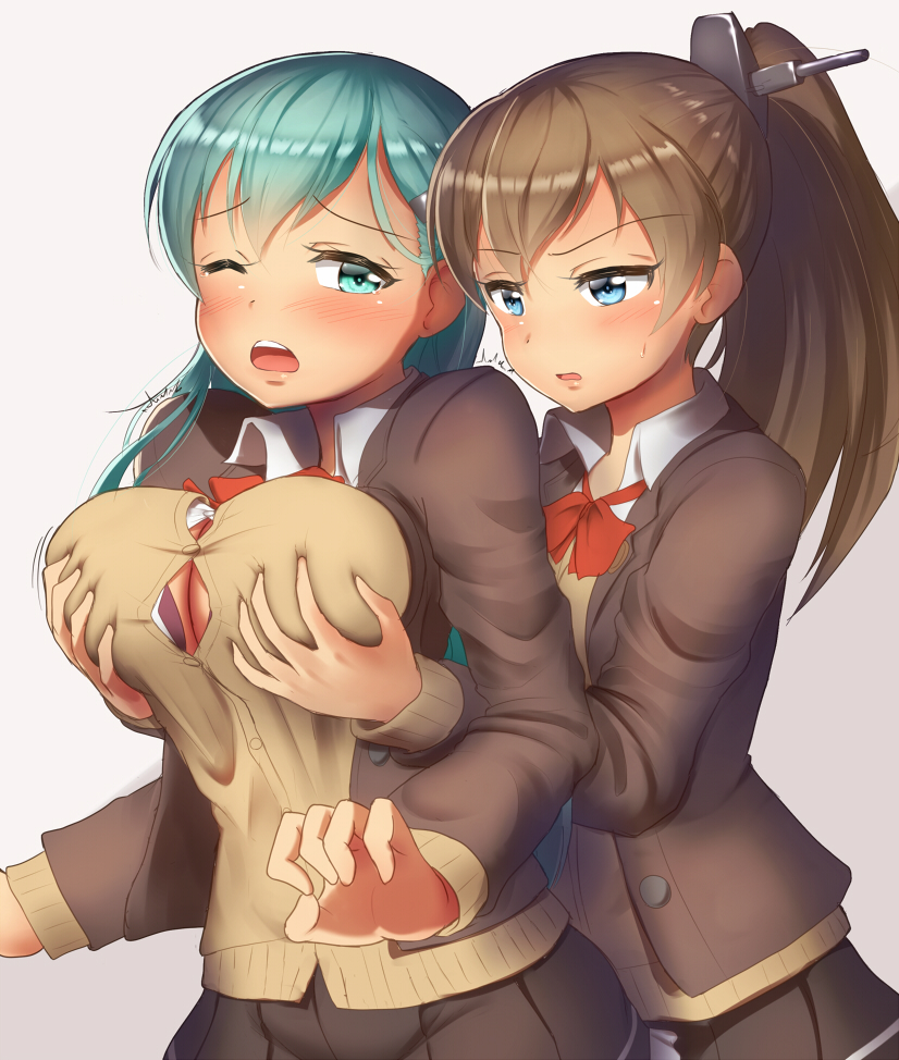 2girls blazer blush bow bowtie breast_envy breast_grab breast_lift breast_squeeze breasts brown_hair brown_skirt buttons cleavage commentary_request grabbing green_eyes green_hair groping hair_ornament hairclip high_ponytail jacket kantai_collection kumano_(kantai_collection) large_breasts long_hair maku_ro multiple_girls one_eye_closed open_clothes open_mouth pleated_skirt ponytail red_bow school_uniform simple_background skirt suzuya_(kantai_collection) yuri