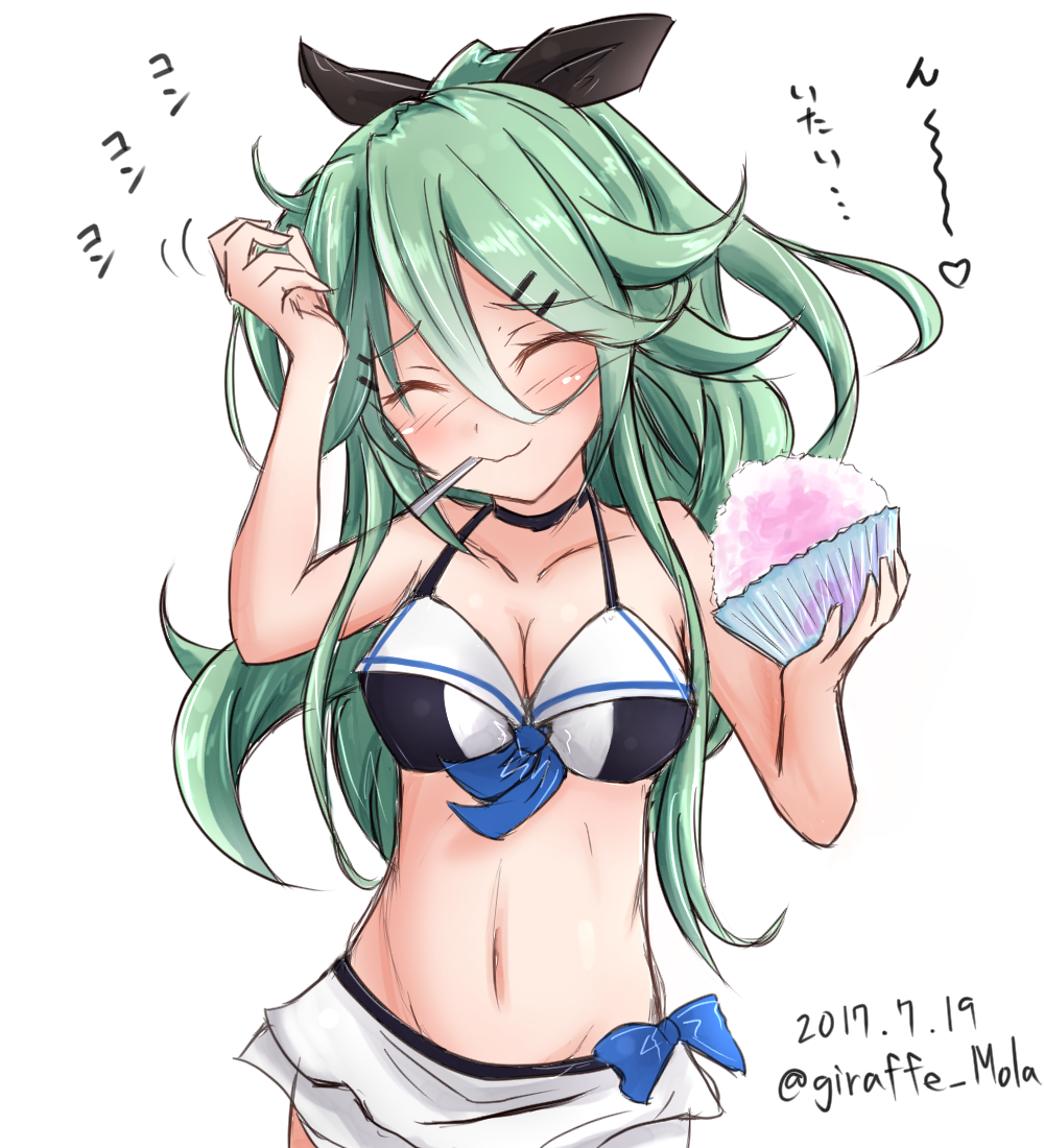 1girl bikini blush brain_freeze breasts cleavage closed_eyes collarbone commentary_request dated food giraffe_(ilconte) green_hair ice_cream kantai_collection long_hair simple_background solo spoon_in_mouth swimsuit translation_request twitter_username white_background yamakaze_(kantai_collection)