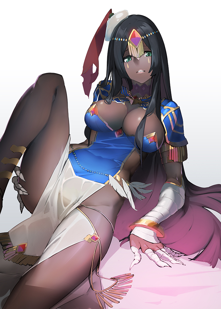 1girl ass bed black_hair bracelet breasts circlet cleavage fate/grand_order fate_(series) green_eyes guratan hips jewelry large_breasts leg_lift long_hair looking_at_viewer parted_lips scheherazade_(fate_grand/order) solo staff thick_thighs thighs very_long_hair