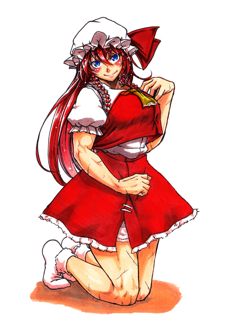 1girl ascot bangs blue_eyes blush bobby_socks braid breasts commentary_request cosplay flandre_scarlet flandre_scarlet_(cosplay) frilled_skirt frills full_body hair_between_eyes hand_up hat hat_ribbon hong_meiling kneeling koyubi_(littlefinger1988) large_breasts legs long_hair looking_at_viewer mob_cap muscle muscular_female no_shoes outline puffy_short_sleeves puffy_sleeves red_skirt red_vest redhead ribbon scar shiny shiny_hair shirt short_sleeves simple_background skirt skirt_set smile socks solo thighs touhou twin_braids very_long_hair vest white_background white_legwear white_shirt