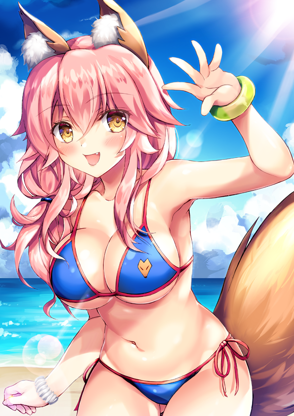 1girl :d animal_ears bangs beach bikini blue_bikini blue_sky bracelet breasts cleavage clouds day eyebrows_visible_through_hair fang fate/extra fate_(series) fox_ears fox_tail fukase_ayaka gluteal_fold jewelry large_breasts lens_flare long_hair navel open_mouth outdoors pink_hair side-tie_bikini sky smile solo standing sunlight swimsuit tail tamamo_(fate)_(all) tamamo_no_mae_(swimsuit_lancer)_(fate) water waving yellow_eyes