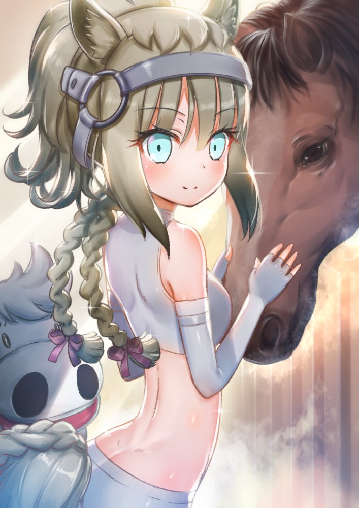 1girl animal_ears arched_back back bare_shoulders blonde_hair blue_eyes bow braid commentary_request crop_top dimples_of_venus elbow_gloves eyebrows_visible_through_hair eyes_visible_through_hair fingerless_gloves gloves hair_bow hair_ribbon horse horse_ears horse_tail japan_racing_association kemono_friends long_hair looking_at_viewer ponytail ribbon shirt sidelocks sleeveless sleeveless_shirt smile solo tail tail_braid tansan_daisuki twin_braids upper_body white_gloves white_shirt white_thoroughbred_(kemono_friends)