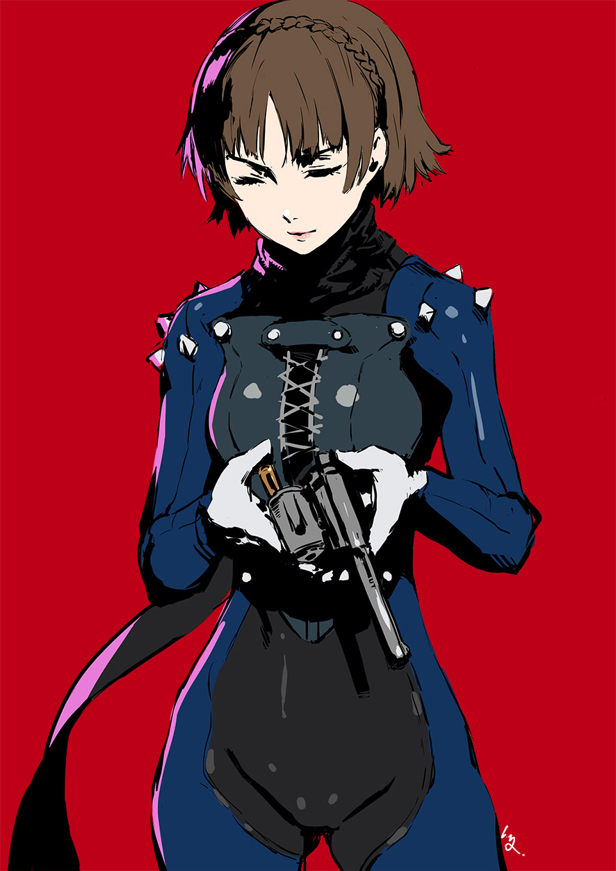 1girl bangs black_scarf bodysuit braid breasts brown_hair closed_eyes commentary crown_braid gloves gun handgun highres holding holding_gun holding_weapon medium_breasts nanaya_(daaijianglin) niijima_makoto persona persona_5 red_background reloading revolver scarf shiny shiny_clothes short_hair simple_background solo spikes standing weapon white_gloves