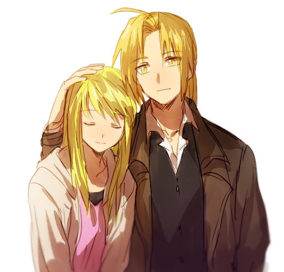 1boy 1girl blonde_hair closed_eyes coat couple edward_elric eyebrows_visible_through_hair formal fullmetal_alchemist hand_on_another's_head happy jacket long_hair looking_at_another pink_shirt ponytail riru shirt simple_background smile suit white_background winry_rockbell yellow_eyes