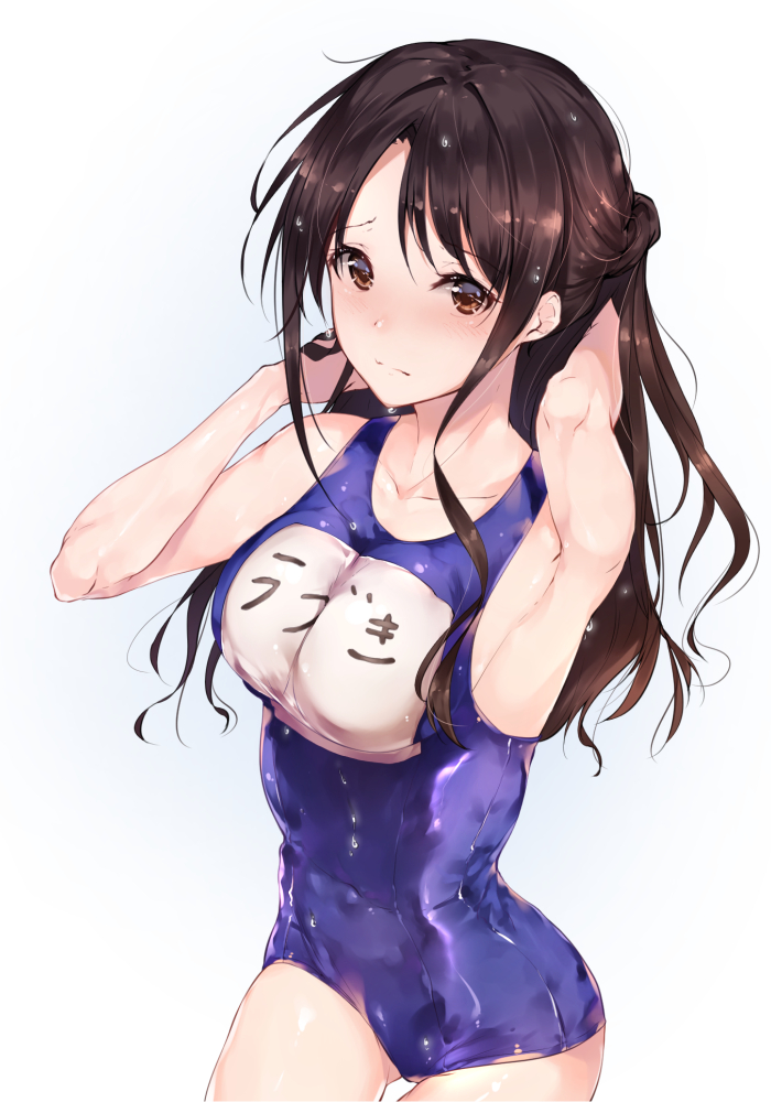 1girl adjusting_hair armpits arms_behind_head bare_arms blush breasts brown_eyes brown_hair collarbone covered_navel cowboy_shot gluteal_fold half_updo hand_up hands_in_hair hplay idolmaster idolmaster_cinderella_girls long_hair looking_at_viewer medium_breasts nose_blush school_swimsuit shimamura_uzuki sideboob simple_background solo swimsuit wet wet_clothes white_background