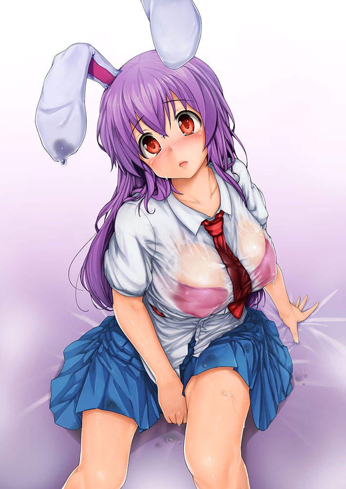 1girl animal_ears between_breasts blue_skirt blush bra breasts collared_shirt dress_shirt erect_nipples large_breasts long_hair looking_at_viewer miniskirt necktie necktie_between_breasts pink_bra pleated_skirt purple_hair rabbit_ears red_eyes red_necktie reisen_udongein_inaba see-through shirt sitting skirt solo touhou underwear wc3215410 wet wet_clothes white_shirt