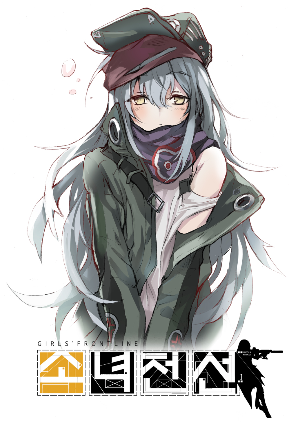 bangs blush bubble closed_mouth copyright_name eyebrows_visible_through_hair flat_cap g11_(girls_frontline) girls_frontline grey_hair hair_between_eyes half-closed_eyes hat highres jacket korean long_hair looking_at_viewer open_clothes open_jacket purple_scarf scarf sidelocks snowru solo strap_slip upper_body v_arms yellow_eyes ㄷ1girl