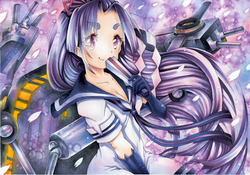 1girl black_gloves cherry_blossoms closed_fan colored_pencil_(medium) dated dress fan folding_fan gloves hair_ornament hair_ribbon hatsuharu_(kantai_collection) headgear hikimayu kantai_collection long_hair looking_at_viewer machinery mosho petals ponytail purple_hair ribbon sailor_dress school_uniform short_sleeves signature smile solo traditional_media very_long_hair violet_eyes watercolor_(medium)