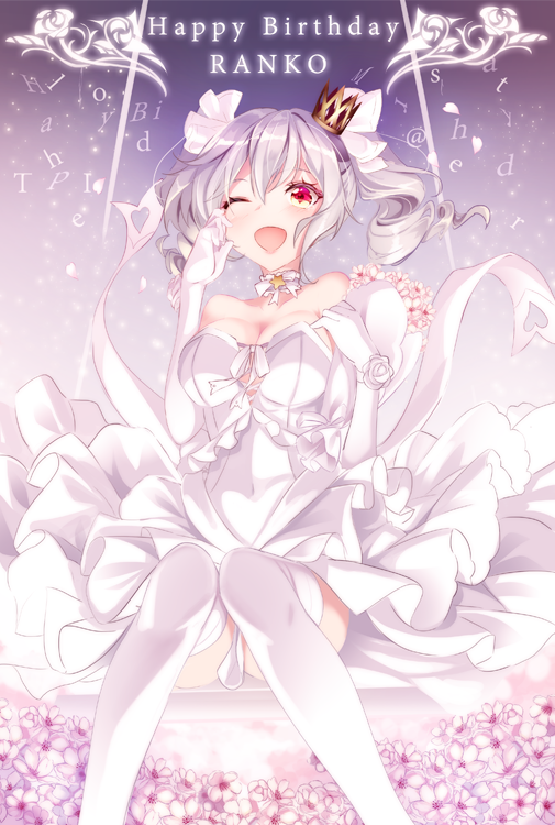 1girl breasts character_name cleavage elbow_gloves eyebrows_visible_through_hair gloves happy_birthday idolmaster idolmaster_cinderella_girls kanzaki_ranko large_breasts looking_at_viewer nanashino_kanon red_eyes short_hair short_twintails silver_hair solo thigh-highs twintails white_gloves white_legwear