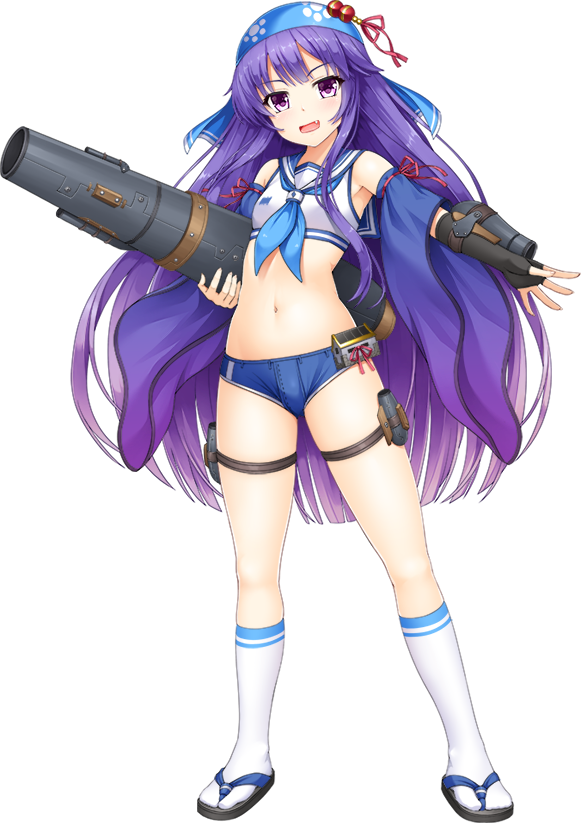 &gt;:d 1girl :d artist_request bandanna cannon detached_sleeves fangs full_body holding holding_weapon long_hair male_swimwear midriff navel official_art open_mouth oshiro_project oshiro_project_re purple_hair sailor_bikini sailor_collar smile swim_trunks swimwear transparent_background very_long_hair violet_eyes wakamatsu_(oshiro_project) weapon