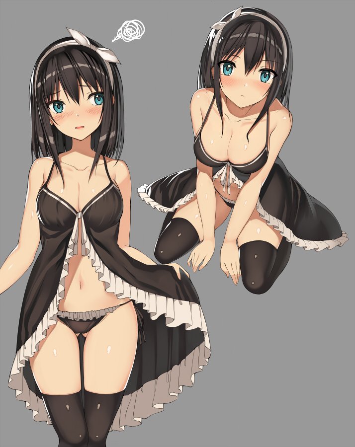 1girl black_hair black_legwear black_panties blue_eyes blush breasts cleavage collarbone frilled_panties frills gluteal_fold grey_background hairband kureha_(ironika) lingerie looking_at_viewer medium_breasts multiple_views navel negligee original panties parted_lips simple_background sitting squiggle standing thigh-highs thigh_gap underwear wariza