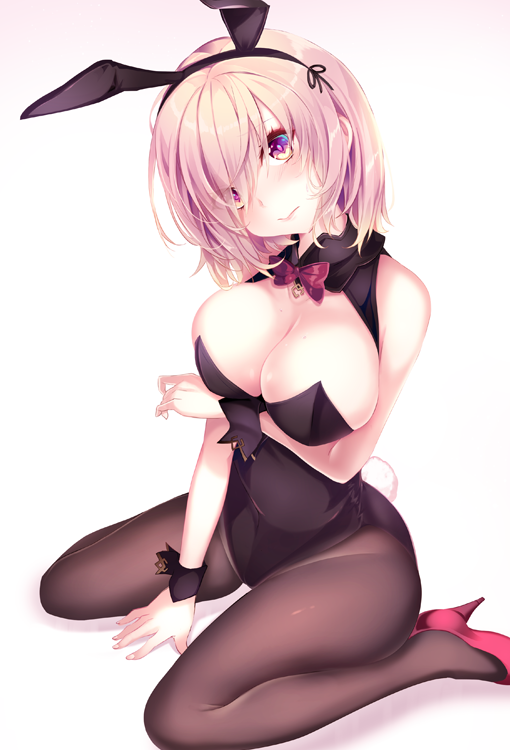 1girl :&gt; animal_ears black_legwear blush breasts bunnysuit cleavage eyebrows_visible_through_hair fake_animal_ears fate/grand_order fate_(series) hairband high_heels large_breasts looking_at_viewer nanashino_kanon pantyhose pink_hair rabbit_ears shielder_(fate/grand_order) short_hair sitting solo violet_eyes wariza