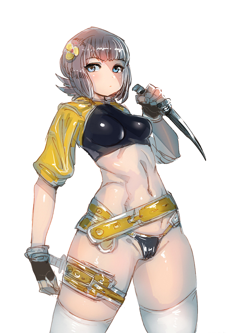 1girl blue_eyes bow_(bhp) breasts dagger fingerless_gloves gloves grey_hair hair_ornament jitome looking_at_viewer medium_breasts midriff navel original short_hair simple_background solo standing thigh-highs thighs weapon white_background white_legwear