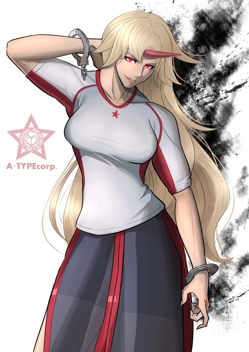 1girl a-type_corporation artist_name bike_shorts blonde_hair breasts broken contrapposto cuffs fingernails hand_behind_head handcuffs highres horn hoshiguma_yuugi large_breasts red_eyes see-through sharp_fingernails skirt smile solo star touhou watermark