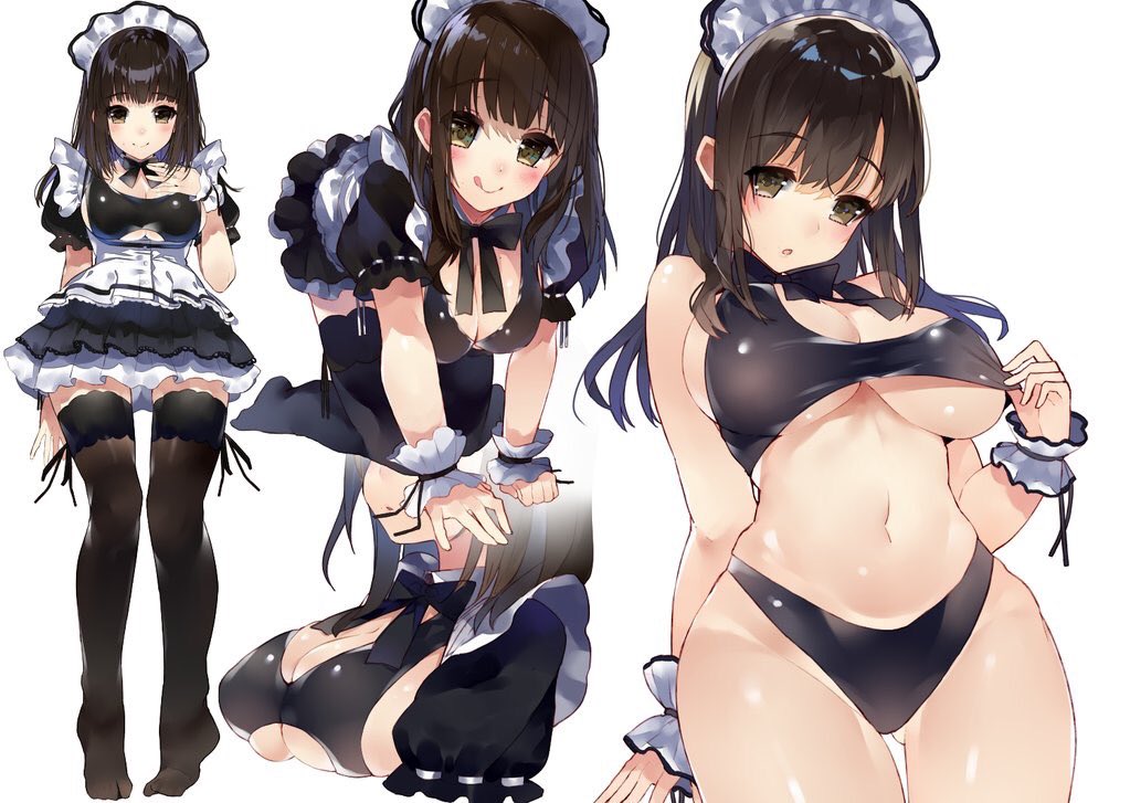 1girl :q all_fours bikini bikini_under_clothes black_bikini black_eyes black_hair black_legwear breasts brown_eyes brown_hair cleavage closed_mouth cowboy_shot eyebrows_visible_through_hair gluteal_fold kou_mashiro large_breasts long_hair looking_at_viewer maid maid_headdress multiple_views navel original simple_background standing swimsuit thigh-highs tongue tongue_out under_boob white_background wrist_cuffs