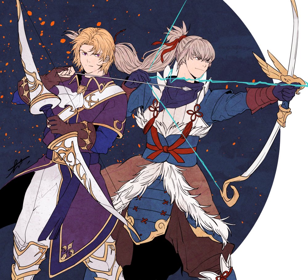 2boys arrow blonde_hair bow_(weapon) fire_emblem fire_emblem:_fuuin_no_tsurugi fire_emblem_heroes fire_emblem_if grin holding holding_weapon ichiyou_(kazuha1003) japanese_clothes klein_(fire_emblem) multiple_boys ponytail smile takumi_(fire_emblem_if) weapon white_hair