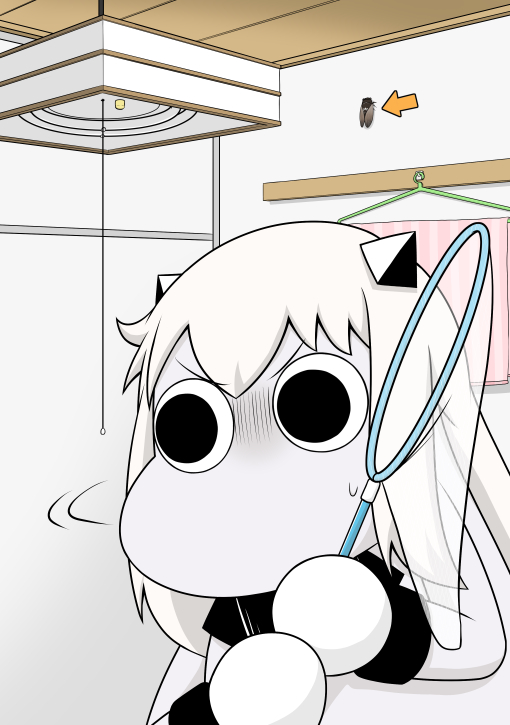 (o)_(o) 1girl butterfly_net ceiling ceiling_light cicada clothes_hanger collar comic commentary_request hand_net horns kantai_collection mittens moomin muppo northern_ocean_hime pointer sazanami_konami shaded_face shinkaisei-kan sidelocks sweatdrop towel