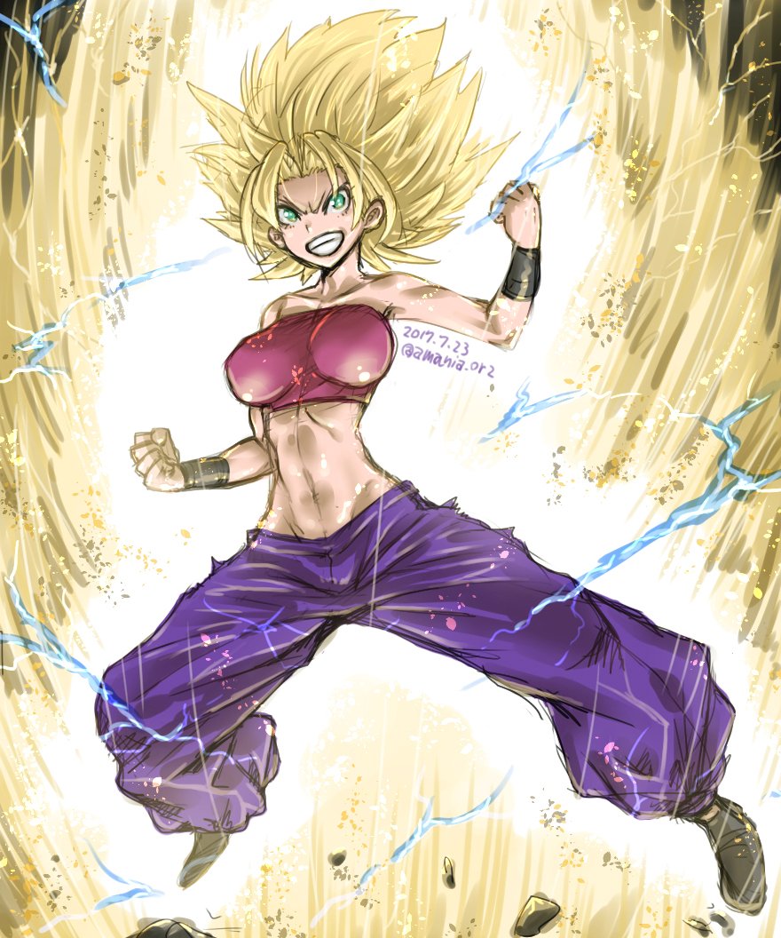 1girl amania_orz aura baggy_pants bare_shoulders blonde_hair breasts caulifla crop_top dated dragon_ball dragon_ball_super electricity green_eyes grin impossible_clothes large_breasts midriff navel pants purple_pants smile solo spiky_hair super_saiyan super_saiyan_2 twitter_username wristband