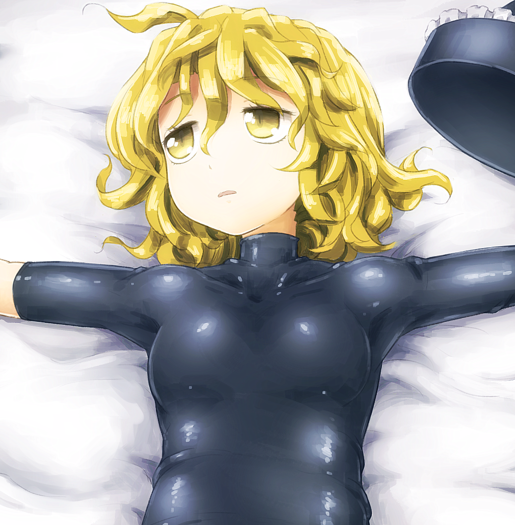 1girl alternate_costume blonde_hair bodysuit collarbone commentary_request eyebrows_visible_through_hair hair_between_eyes hat lunasa_prismriver lying on_back outstretched_arms shirosato short_hair solo touhou yellow_eyes