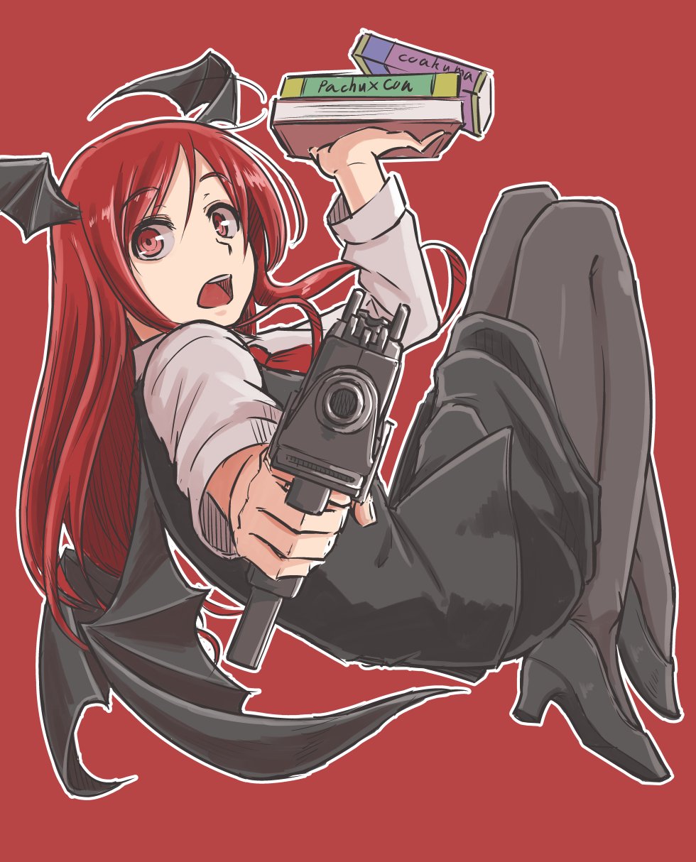 1girl black_legwear black_shoes black_skirt book demon_wings foreshortening full_body gun head_wings high_heels highres holding holding_book holding_gun holding_weapon imi_uzi koakuma long_hair long_sleeves looking_at_viewer m92fs open_mouth pantyhose red_background red_eyes redhead shoes simple_background skirt solo submachine_gun touhou weapon wings