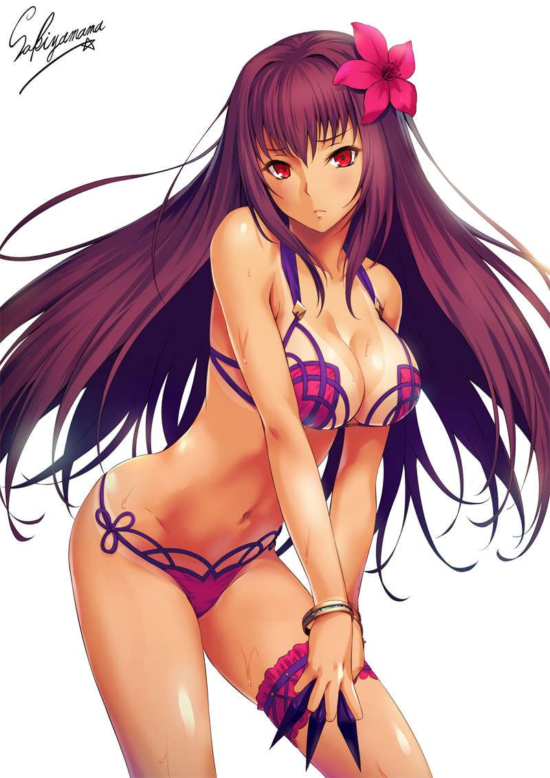 1girl = artist_name bangle bangs bare_arms bare_shoulders between_fingers bikini bikini_tan blush bracelet breasts cleavage closed_mouth clouds collarbone cowboy_shot dutch_angle embarrassed fate/grand_order fate_(series) flower from_side frown groin hair_flower hair_intakes hair_ornament hibiscus hips holding holding_weapon jewelry kunai large_breasts leaning_forward leg_garter legs_apart long_hair looking_at_viewer navel pink_bikini pink_flower purple_hair raised_eyebrows red_eyes sakiyamama scathach_(fate/grand_order) scathach_(swimsuit_assassin)_(fate) shiny shiny_skin sidelocks signature simple_background sky solo standing star stomach string_bikini swimsuit tan tanline v_arms very_long_hair weapon wet white_background