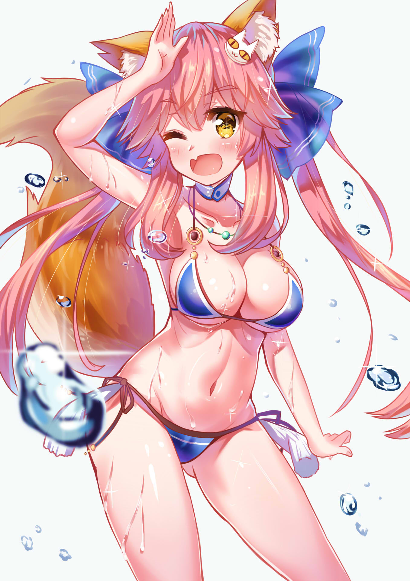 1girl animal_ears bikini blue_bikini breasts cleavage collarbone fang fate/grand_order fate_(series) fox_ears fox_tail groin hair_ribbon highres large_breasts long_hair looking_at_viewer navel one_eye_closed open_mouth pink_hair pupupu_(1053378452) ribbon simple_background solo swimsuit tail tamamo_(fate)_(all) tamamo_cat_(fate) wet white_background yellow_eyes