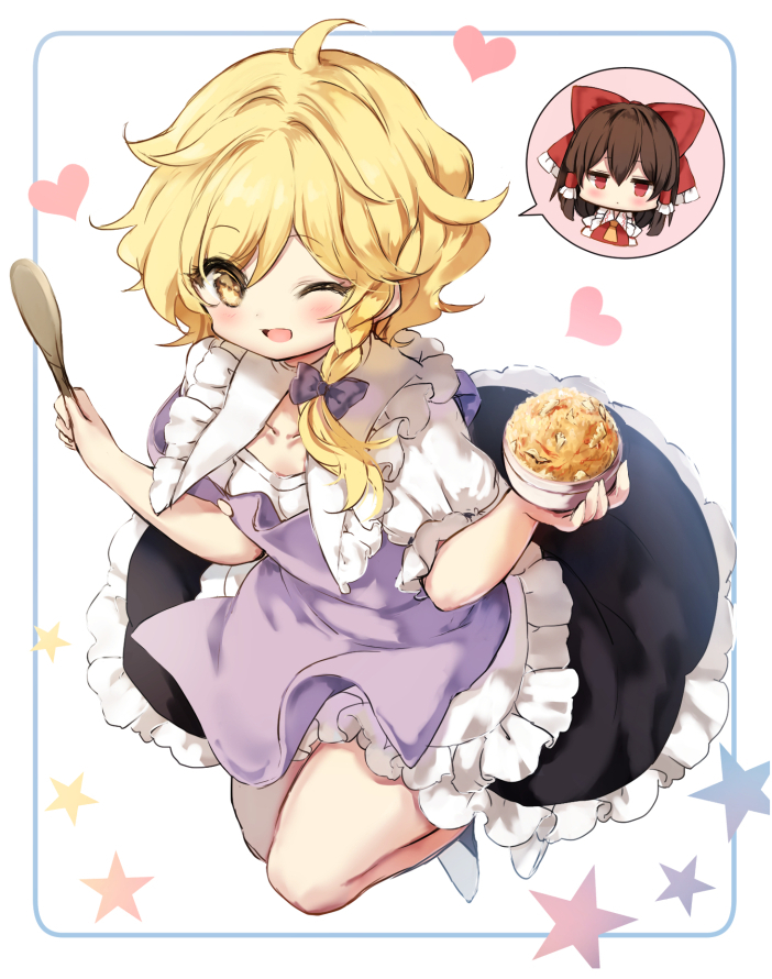 2girls blonde_hair bowl braid brown_hair dress food hakurei_reimu heart holding holding_bowl kirisame_marisa long_hair multiple_girls one_eye_closed piyokichi red_eyes short_hair short_sleeves single_braid smile star touhou wild_and_horned_hermit yellow_eyes