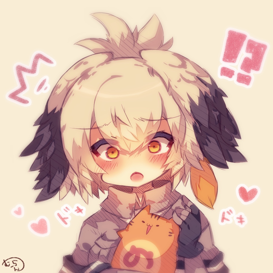 !? /\/\/\ 1girl :o black_gloves black_hair blush bodystocking cat chibi collared_shirt eyebrows_visible_through_hair fingerless_gloves gloves grey_hair grey_shirt hair_between_eyes heart holding holding_cat kemono_friends long_hair low_ponytail multicolored_hair muuran open_mouth orange_eyes orange_hair shirt shoebill_(kemono_friends) short_sleeves side_ponytail surprised upper_body