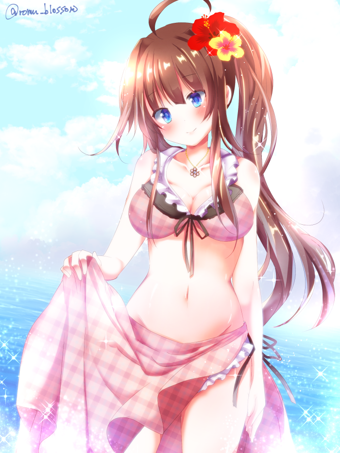 10s alternate_hairstyle blue_eyes blush breasts brown_hair cleavage collarbone eyebrows_visible_through_hair flower hair_flower hair_ornament jewelry kantai_collection kongou_(kantai_collection) large_breasts long_hair looking_at_viewer nanoha-h navel necklace ponytail smile sparkle twitter_username