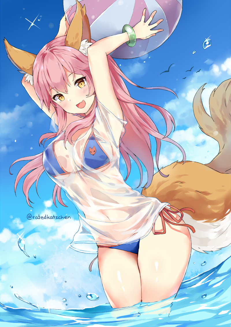 1girl :d animal animal_ears armpits arms_up ball bangs beachball bikini bikini_under_clothes bird blue_bikini blue_sky blush breasts clouds covered_navel eyebrows_visible_through_hair fang fate/extra fate_(series) fox_ears fox_tail holding holding_ball kaetzchen legs_together long_hair looking_at_viewer looking_back medium_breasts navel open_mouth pink_hair side-tie_bikini sky smile solo swimsuit tail tamamo_(fate)_(all) tamamo_no_mae_(swimsuit_lancer)_(fate) transparent twitter_username wading water_drop yellow_eyes