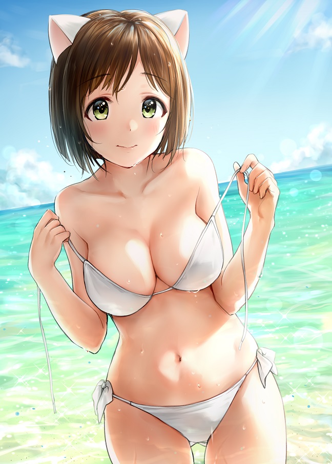 10s 1girl animal_ears bangs bare_shoulders beach bikini blue_sky blush breasts brown_hair cat_ears cleavage clouds cloudy_sky collarbone commentary_request day eyebrows_visible_through_hair green_eyes hips idolmaster idolmaster_cinderella_girls large_breasts looking_at_viewer maekawa_miku navel ocean outdoors ribbon short_hair sky smile solo sunlight swimsuit takeya_y0615 thighs untied untied_bikini waist wet white_bikini