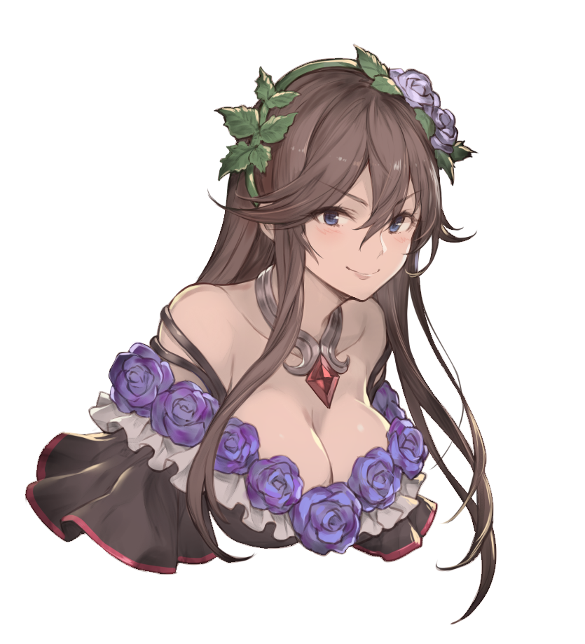 &gt;:) 1girl bare_shoulders blue_eyes breasts brooch brown_hair choker cleavage closed_mouth dress eyebrows_visible_through_hair flower granblue_fantasy hair_between_eyes hair_flower hair_ornament hairband jewelry kakage large_breasts lips long_hair looking_at_viewer off-shoulder_dress off_shoulder rosetta_(granblue_fantasy) sidelocks smile solo transparent_background upper_body