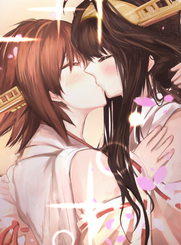 10s 2girls ahoge antiqq bare_shoulders blush brown_hair closed_eyes detached_sleeves hairband headgear hiei_(kantai_collection) japanese_clothes kantai_collection kiss kongou_(kantai_collection) long_hair multiple_girls nontraditional_miko petals ribbon-trimmed_sleeves ribbon_trim short_hair wide_sleeves yuri
